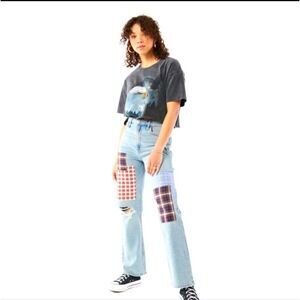 HOLLISTER plaid patchwork ultra high rise dad‎ jeans straight leg 3/26 ASO TV